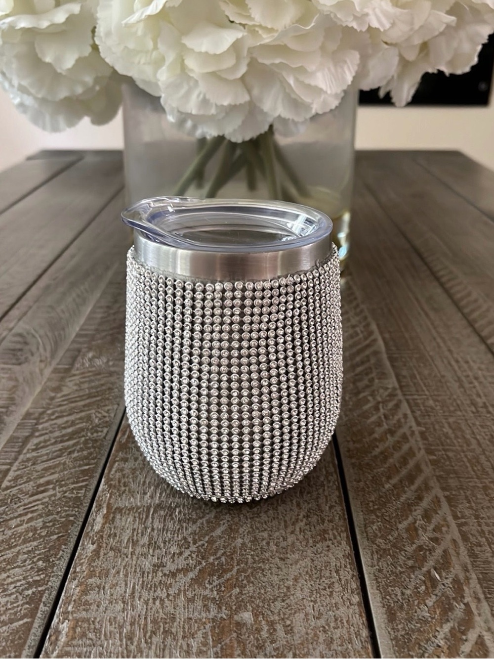 Silver Crystal Beaded Insulated Stemless Wine Tumbler with Lid - New